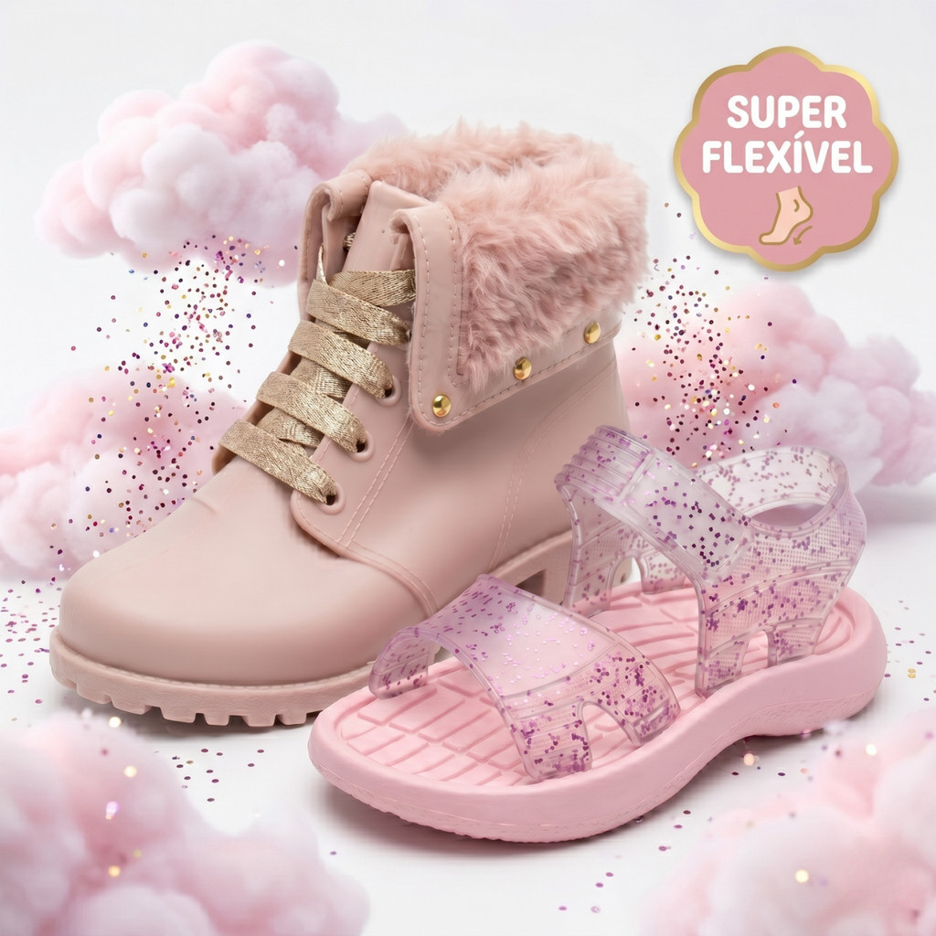Kit 2 Pares Bota Sandália Infantil Feminino Emborrachado Leve Coturninho Ref 30