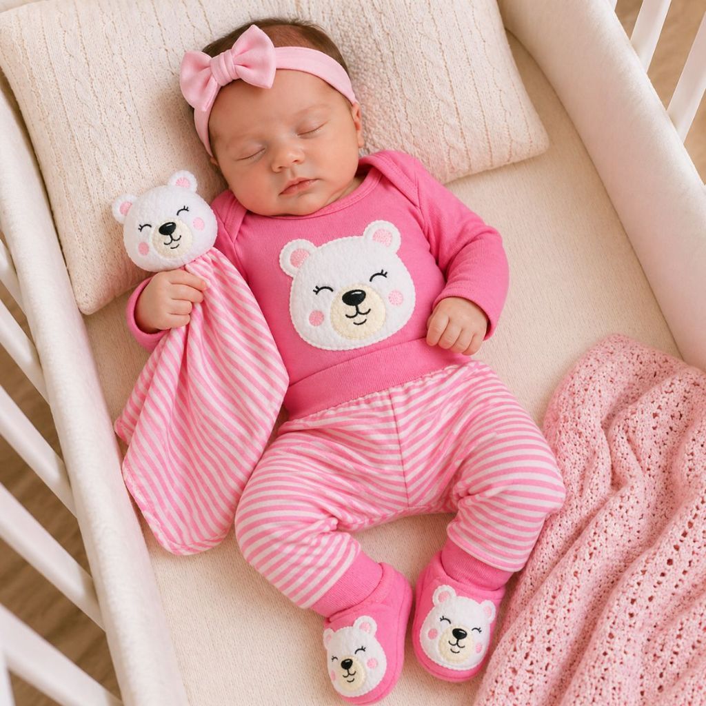 Presente Bebê Recém Nascido Menina Body Manga Longa Mijão Pantufa Ursinho 3D Naninha Enxoval Ursinho