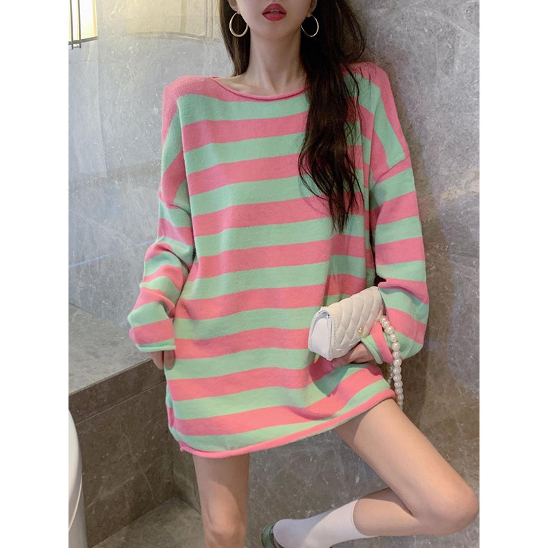 Rosa listrado de manga comprida camiseta feminina comprimento médio capa bunda solta sentimento estilo preguiçoso camisa