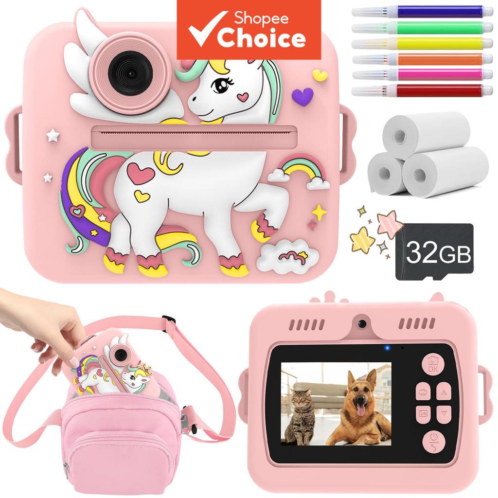 Câmera Instantânea Infantil, HD 1080P com Impressão Instantânea, 3 Rolos de Papel e Cartão 32GB. Presente Ideal para