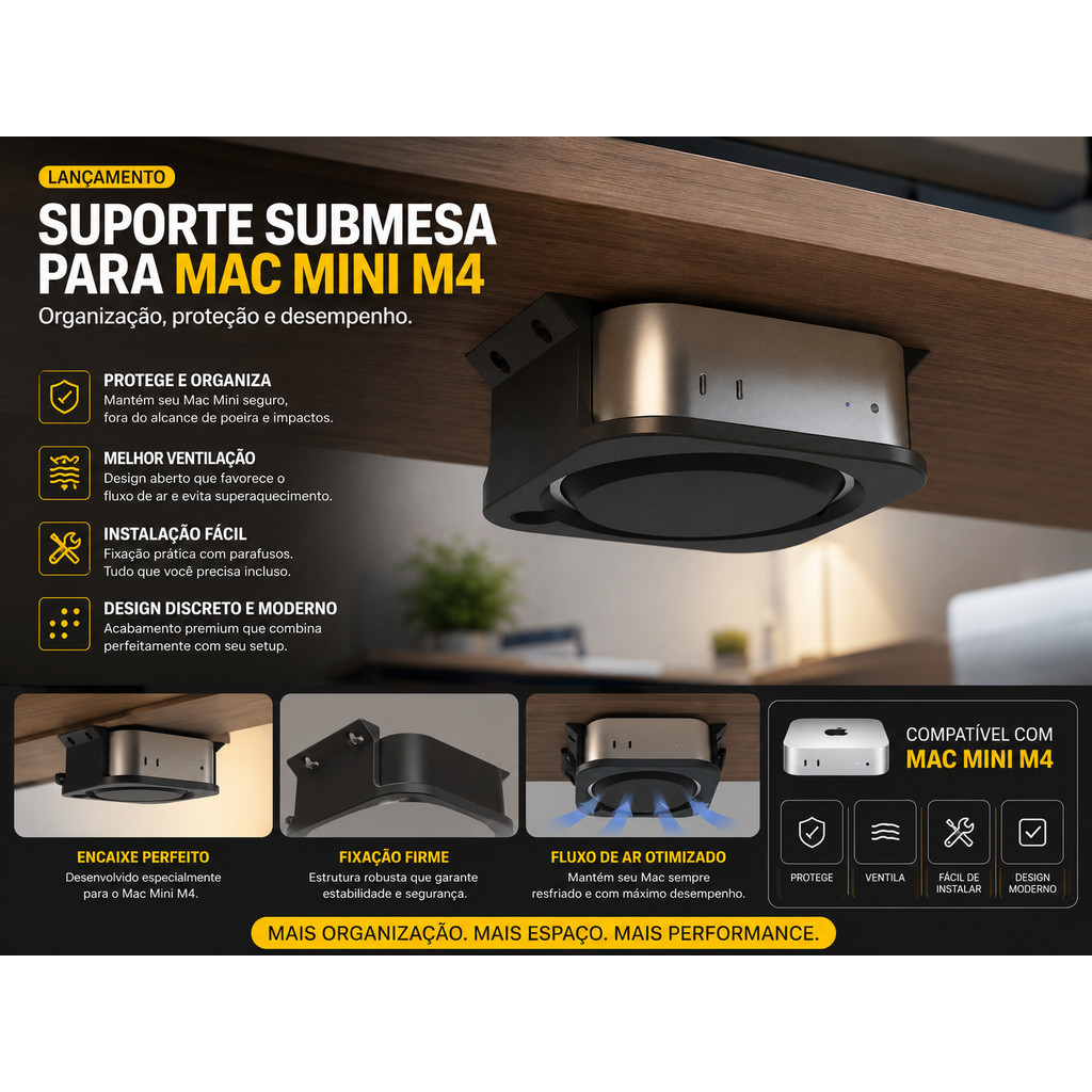 Suporte Mac Mini M4 para Mesa – Fixação Inferior – Organização Profissional – Im