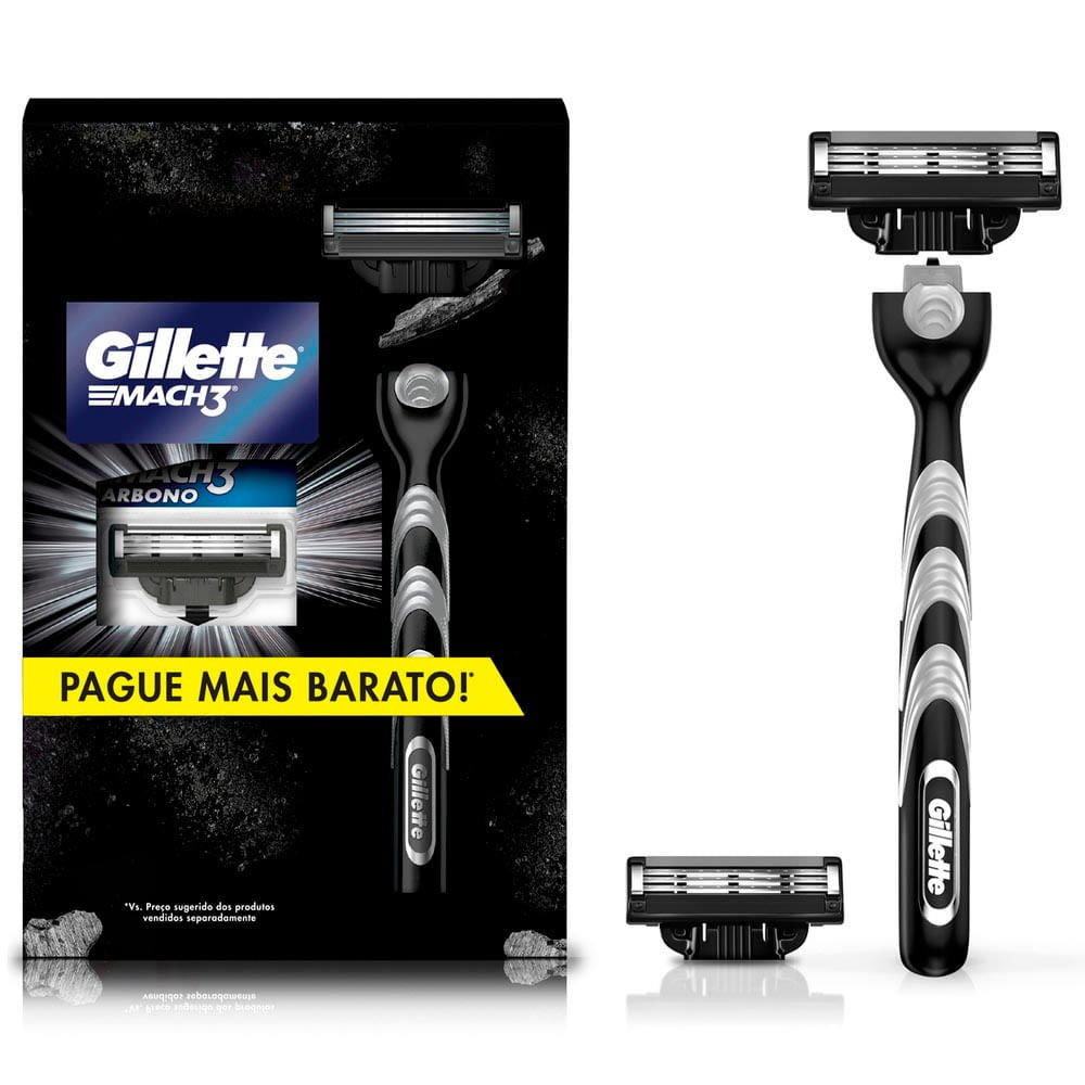 Kit Aparelho para Barba Gillette Mach3 Carbono e 2 Refis Mach3 Carbono