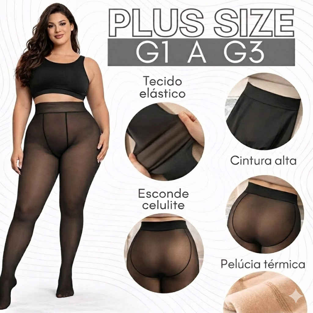Meia-Calça Térmica Plus Size Forrada Peluciada Translúcida de Lã Feminina Super Elástica