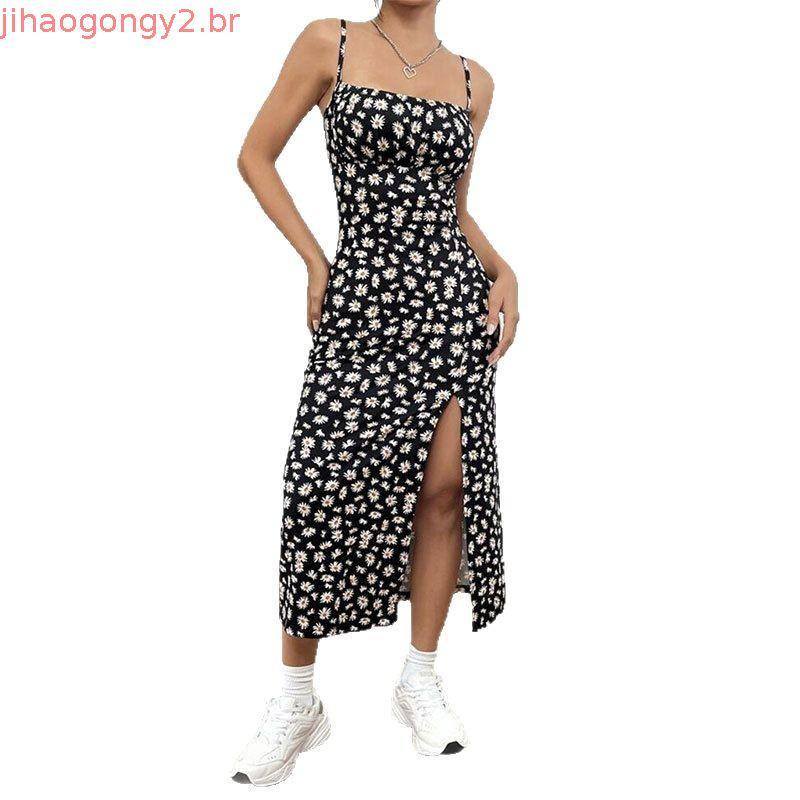 Sling Wrap Peito Fenda Margarida Envoltório Vestido Estampado Quadril
