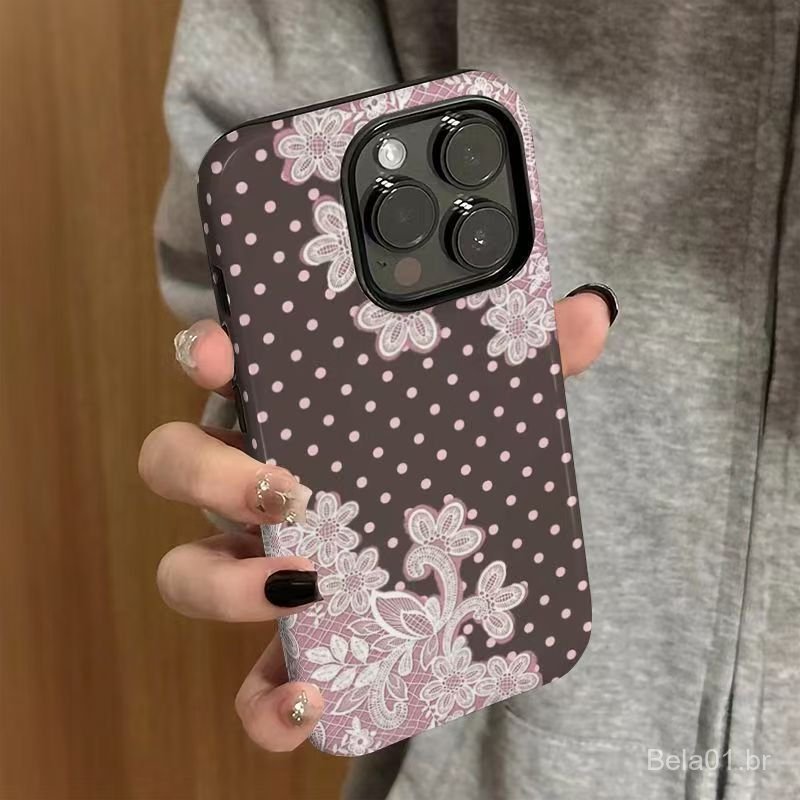 Capa de celular adequada para iPhone, capa de bolinhas com renda para iPhone 17 Pro Max, capa protetora dois em um para
