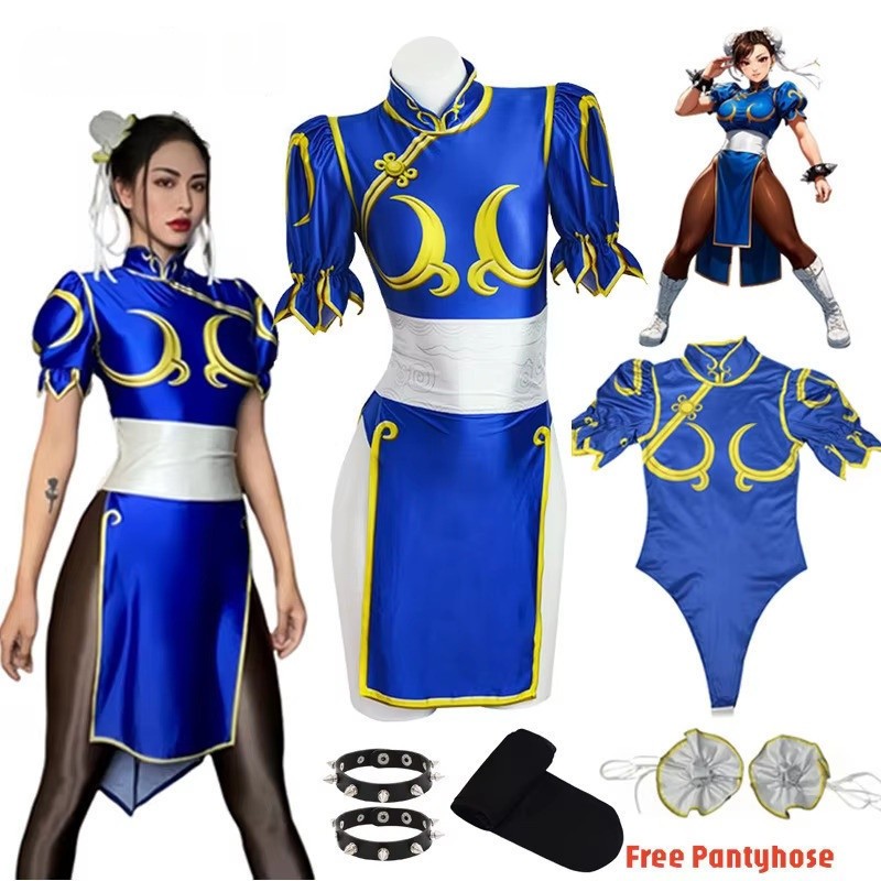Fantasia de Chun Li de Street Fighter, Cheongsam Azul com Presilha de Cabelo e Cinto, Fantasia de Halloween