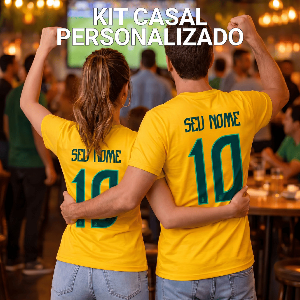 Kit Camiseta Casal Brasil Nome Personalizado 100% Algodão Estampada Copa do Mundo