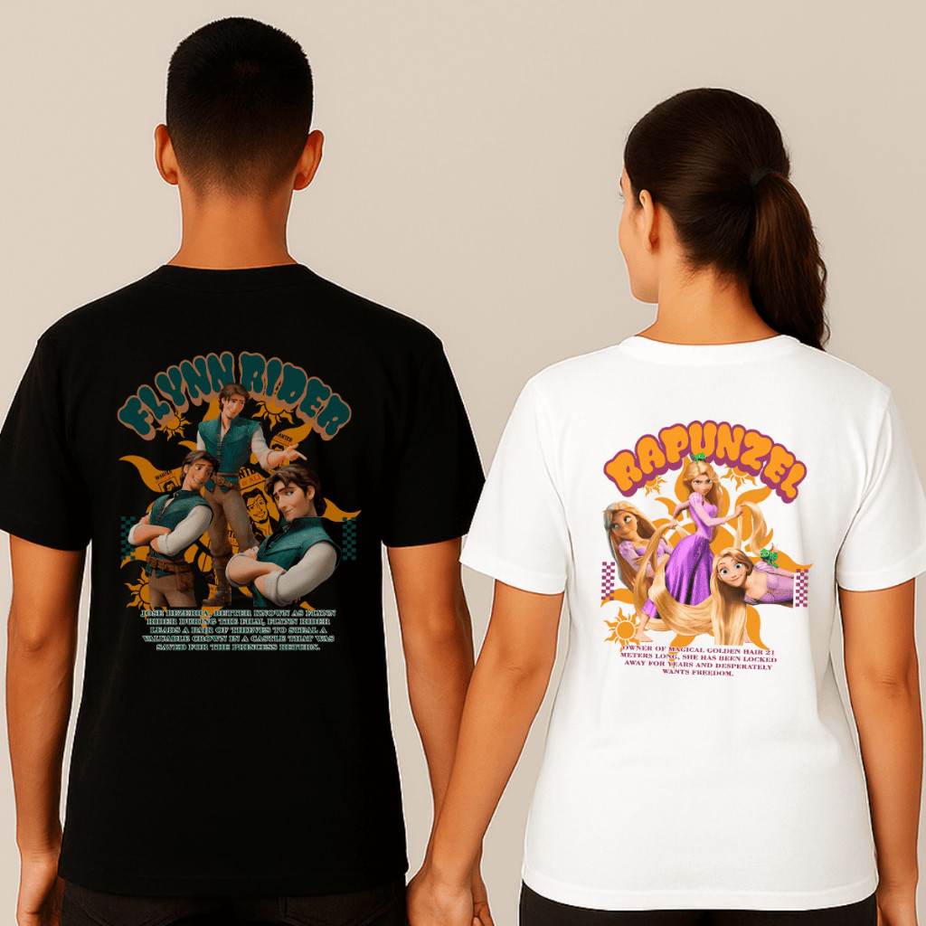 Kit 2 Camiseta Casal Verão Manga Curta Estampada "Rapunzel e Flynn Rider" - Promoção Especial / Novidade Inédita