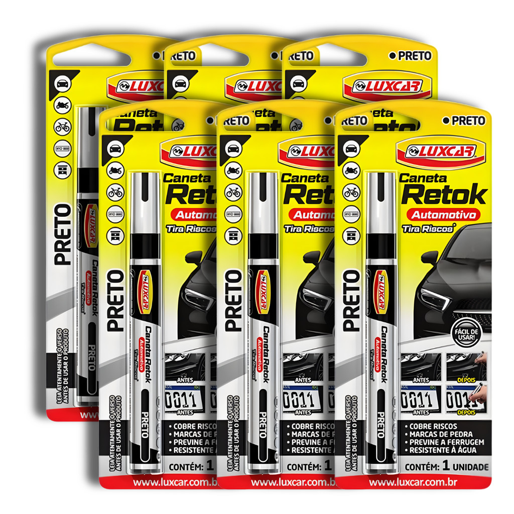 Kit 6 Canetas Tira Riscos Carro Preto Luxcar Retok Cobre Arranhão Automotivo Previne Ferrugem Resistente a Água 6 Peças