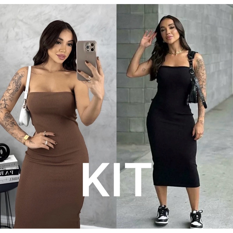 Kit 2 Vestido Midi Tomara Que Caia Elegância  Ousadia Tubinho Anarruga Sensual Modelador Megaliquidacao**$