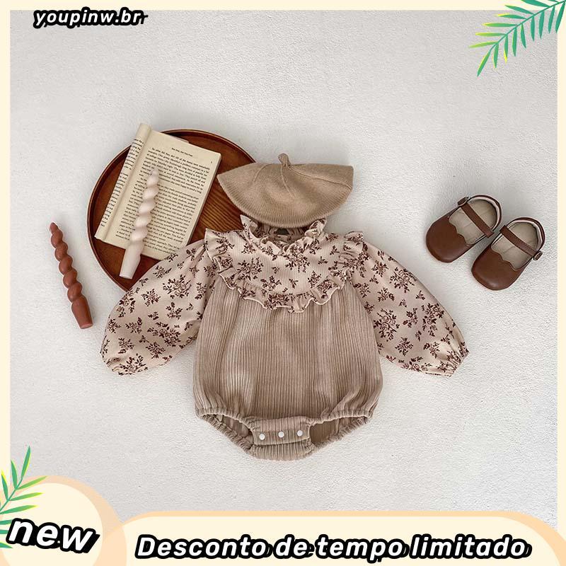 [0-2 Anos de idade] Primavera Outono Bebê Romper Bebê Romper Floral Pano de Costura Baby Onesie Stand-Up Colarinho Baby