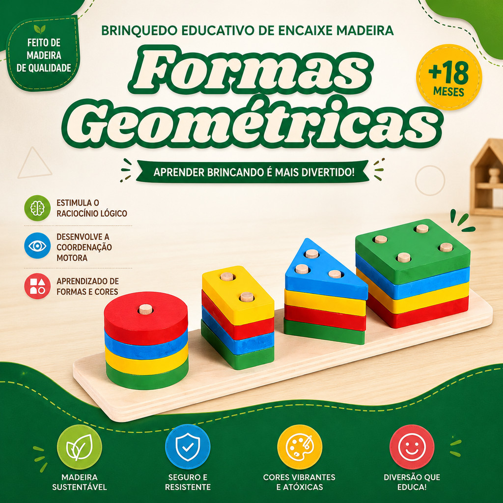 Brinquedo Educativo Montessori Torre Colorida Coordenação Madeira Empilhar Formas Encaixe Geométricas