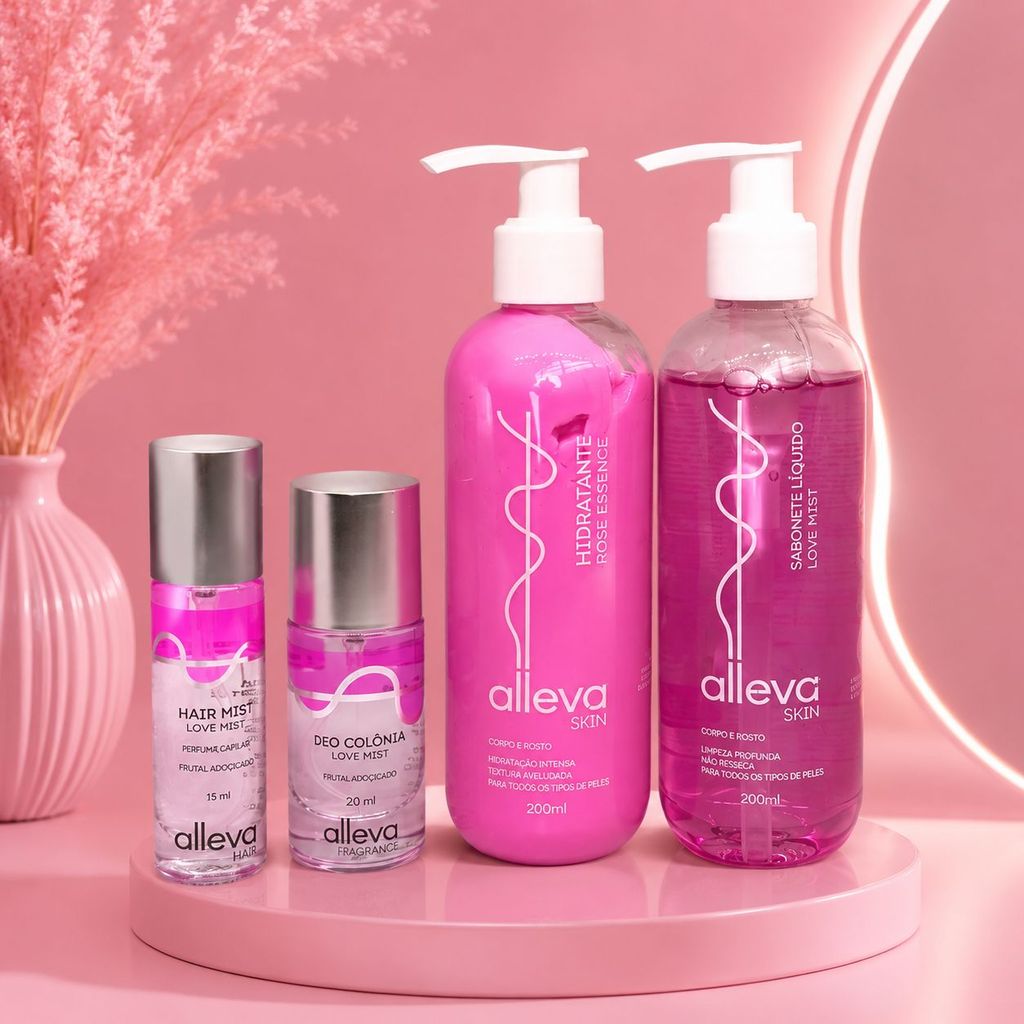 Kit Sabonete Líquido Love Mist + Hidratante Rose Essence + Deo Colônia E Perfume Capilar - Alleva