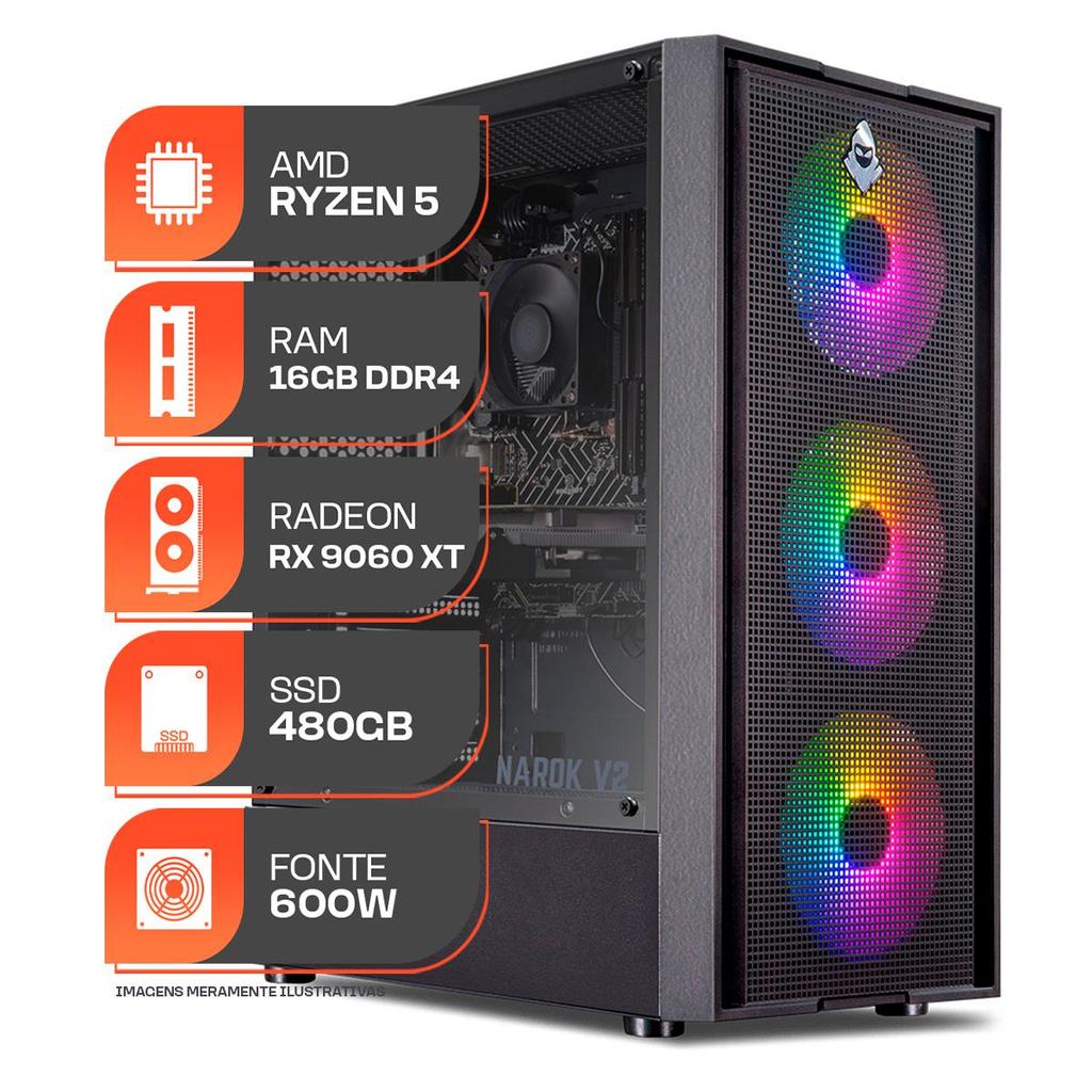 PC Gamer Titan Pro, AMD Ryzen 5 5500, RX 9060 XT 8GB, 16GB DDR4, SSD 480GB, 600W 80 Plus