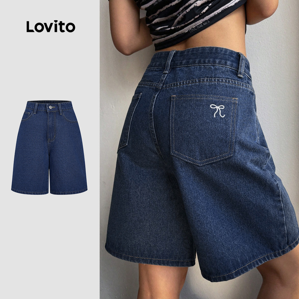 Lovito Casual Shorts Jeans com Zíper Primavera/verão Shorts Jeans Azul Escuro pa