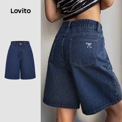 Lovito Casual Shorts Jeans com Zíper Primavera/verão Shorts Jeans Azul Escuro para Mulheres L149LD399