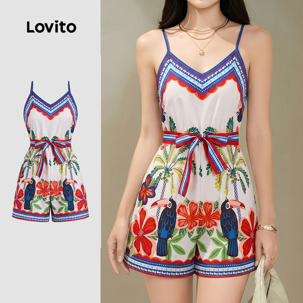 Lovito Macacão Boho com Cinto e Amarração Na Frente Estampa para Primavera/verão