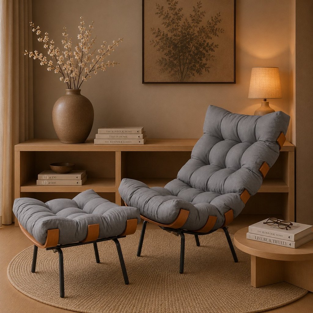 Poltrona Decorativa com Puff Linho Grafite Costela 67cm Grafite