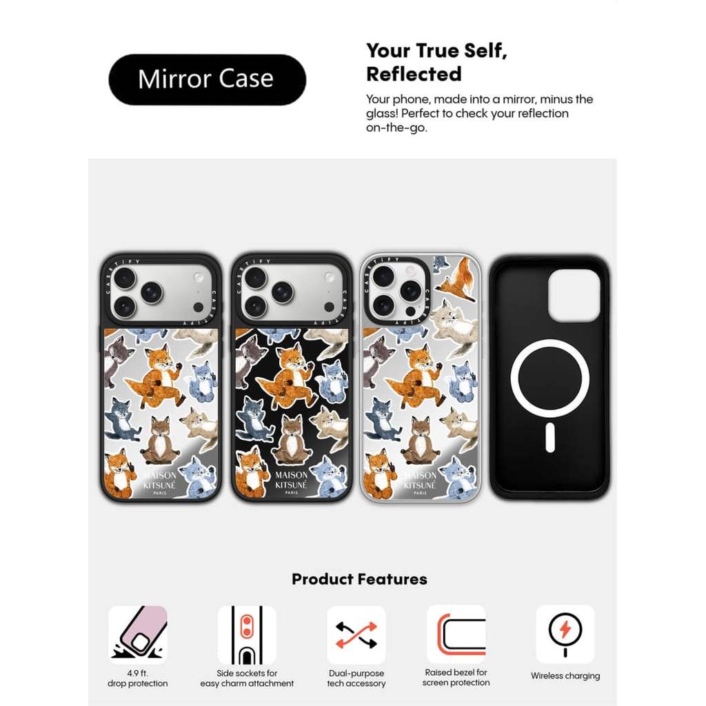 CASECASE X Maison Kitsune Fox Medley Capa Preta E Prateada Espelhada Com Sucção Magnética Para IPhone 17 Air 16 15 14 13