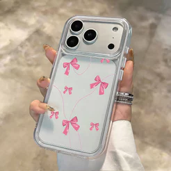 Capa Transparente 2 Em 1 Para iPhone 17 16 15 14 13 12 11 XR Pro Max Rosa Fita Arco Padrão À Prova De Choque