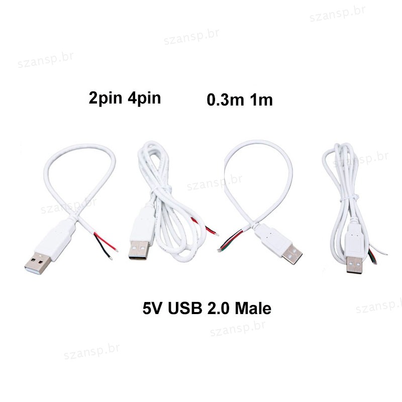 5V USB 2.0 Macho Cabo De Alimentação 2pin 4Pin Fio Jack Conector Extensão Carregamento Branco 0.3m 1m Para Acessórios Do