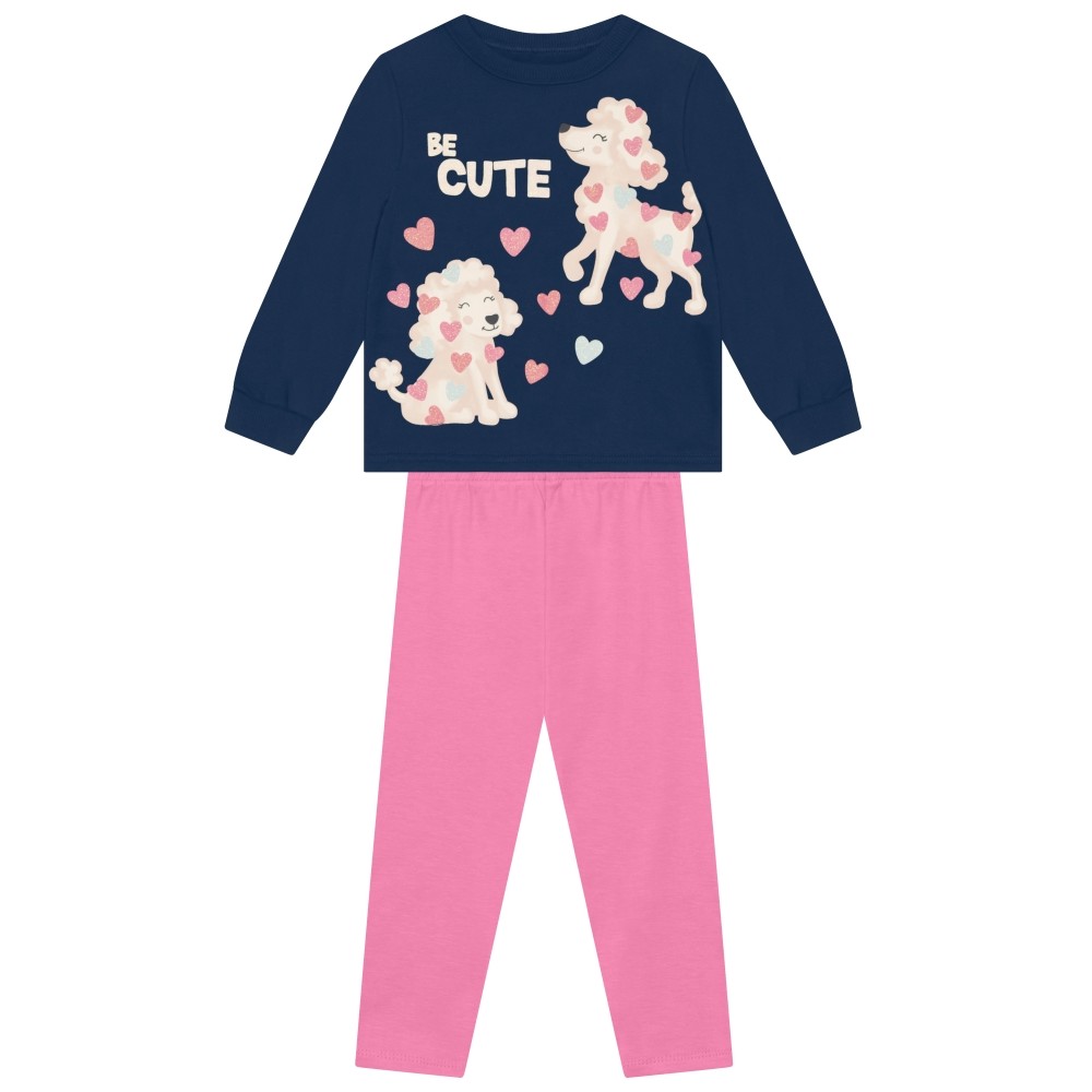 Conjunto Infantil Menina Brandili Inverno com Calça Legging e Moletom Flanelado Azul Marinho Cachorrinha