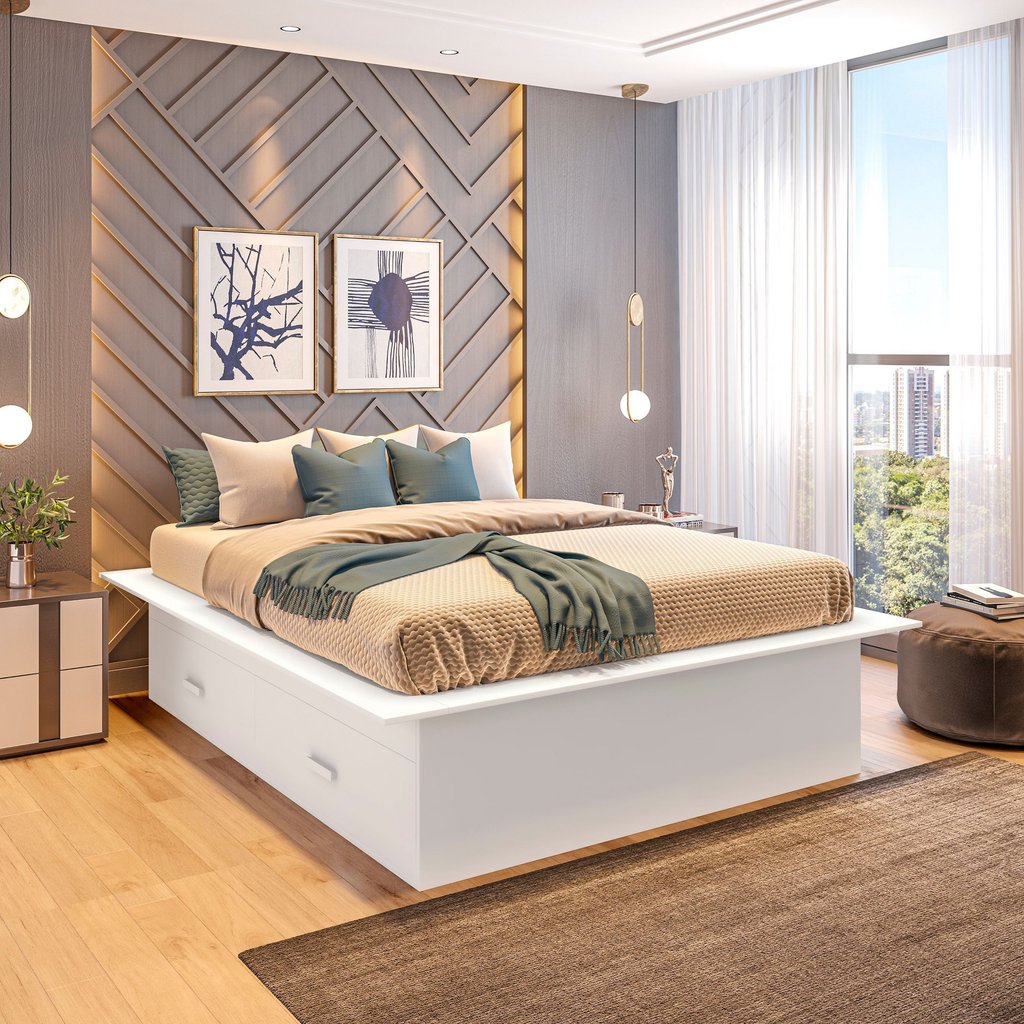 Cama Casal/Queen Adulto com 4 Gavetas Gades Yescasa Branco Perfect Wood