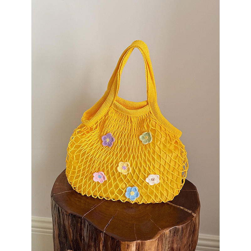 Pequena flor fresca bolsa de mão feminina verão oco Fishnet saco sacola estilo férias beira-mar praia Net saco