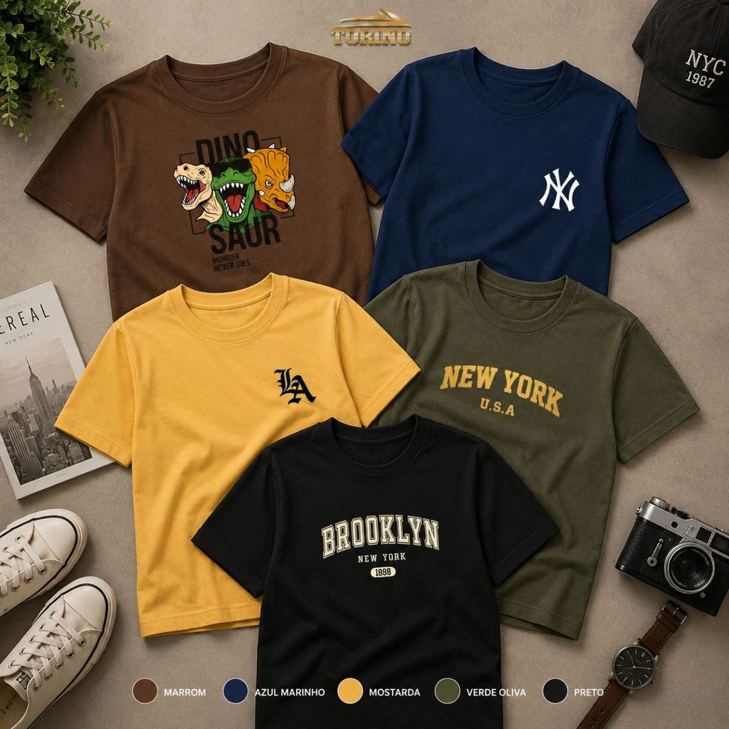 Kit 5 Camisetas Infantil Menino 100% Algodão Roupa Básica Confortável