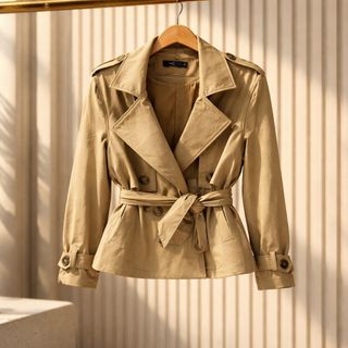Trench Coat Curto Feminino Detalhes em Botões e Faixa na Cintura Poly