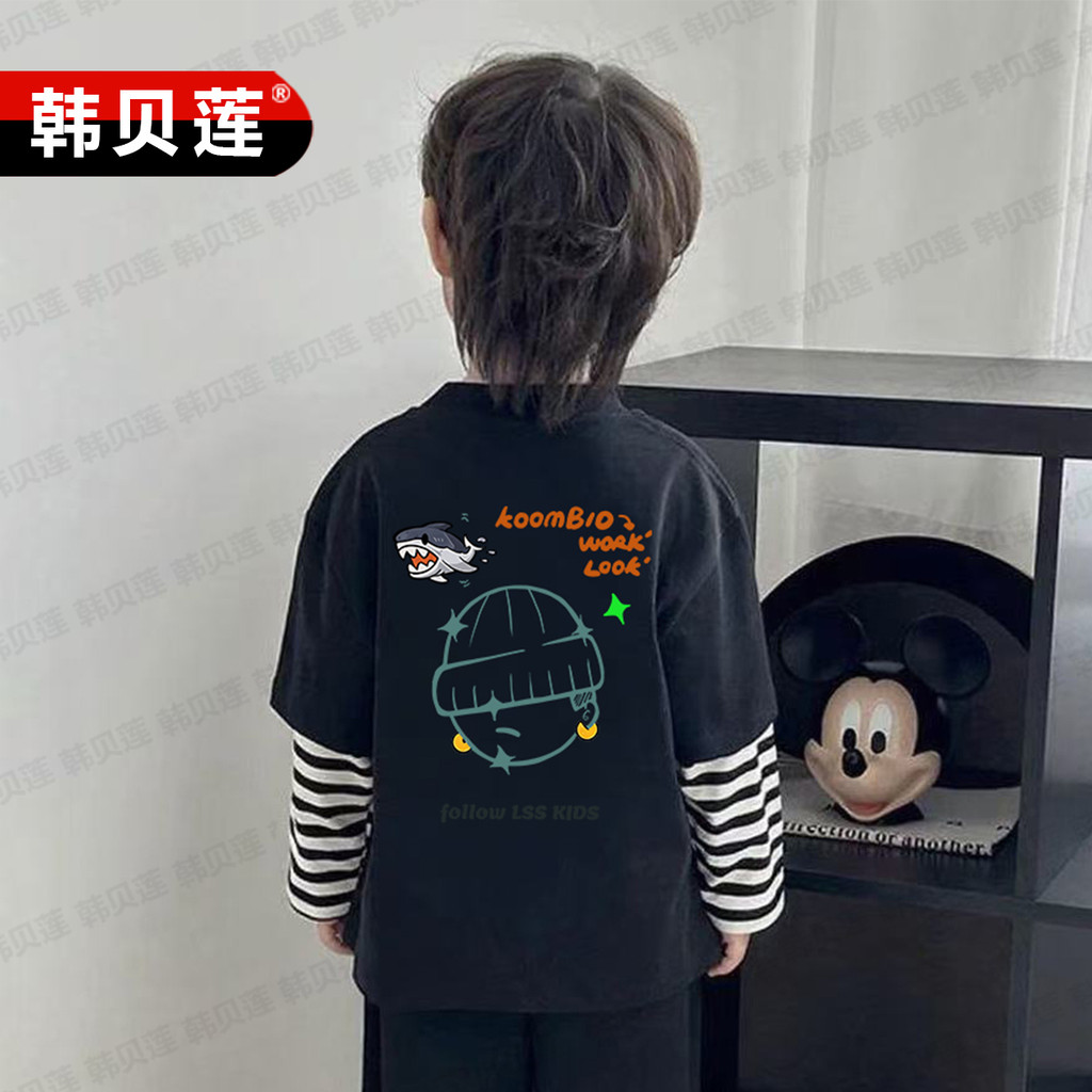 Novo estilo meninos falso de duas peças de manga comprida camiseta primavera outono estilo ocidental All-Match Casual to