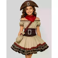 Roupa Maria Bonita Infantil Fantasia Cangaceira Luxo Com Chapéu Vestido Junino Quadrilha