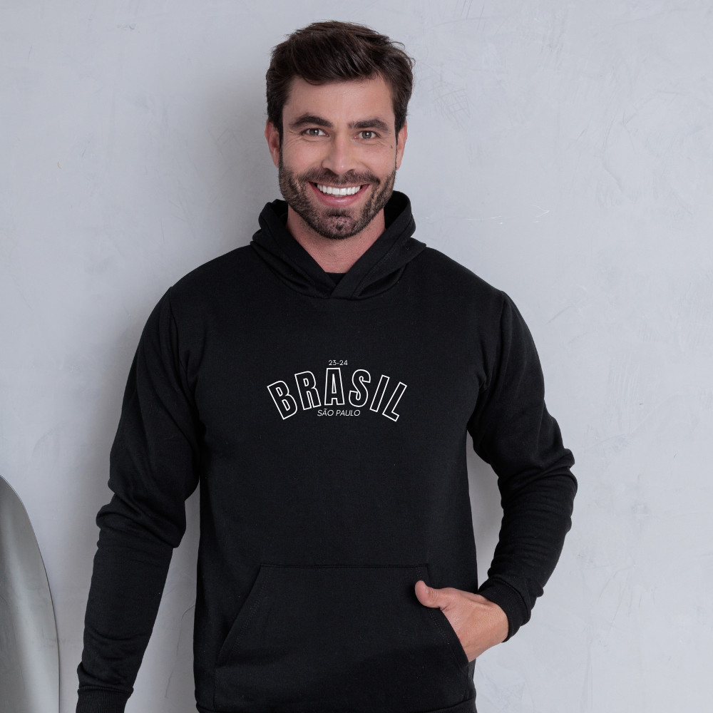 Moletom Brasil Masculino Flanelado Casual Com Capuz e Bolso Canguru Esportivo DTF