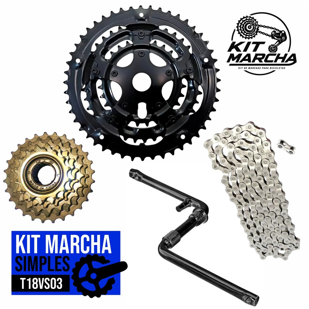 Kit Transmissão 18v - Catraca Roda Lvre 6v + Corrente Marcha Fina + Engrenagem Tripla + Pedivela Gts