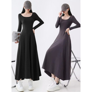 Drape sentir algodão escovado vestido de manga comprida feminino outono inverno corte baixo Extra-longo saia linha A cin