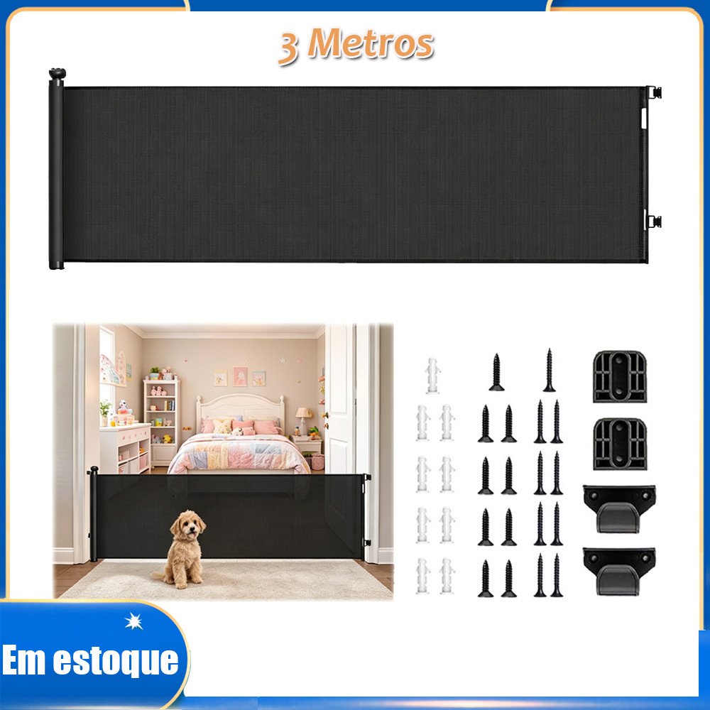 Preto Portão Retrátil de Segurança para Pets 3x0.86 metros Grade Protetora para Porta Escada Corredor Cães Gatos