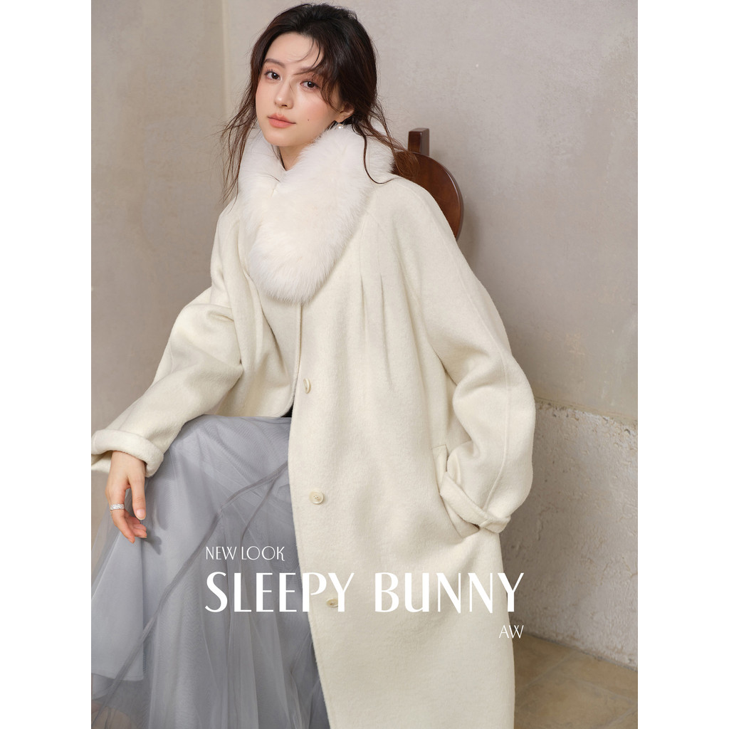 SLEEPYBUNNY Casaco de lã com gola de pele de raposa, dupla face, feminino, inverno, suave, aparência mais fina, casaco d