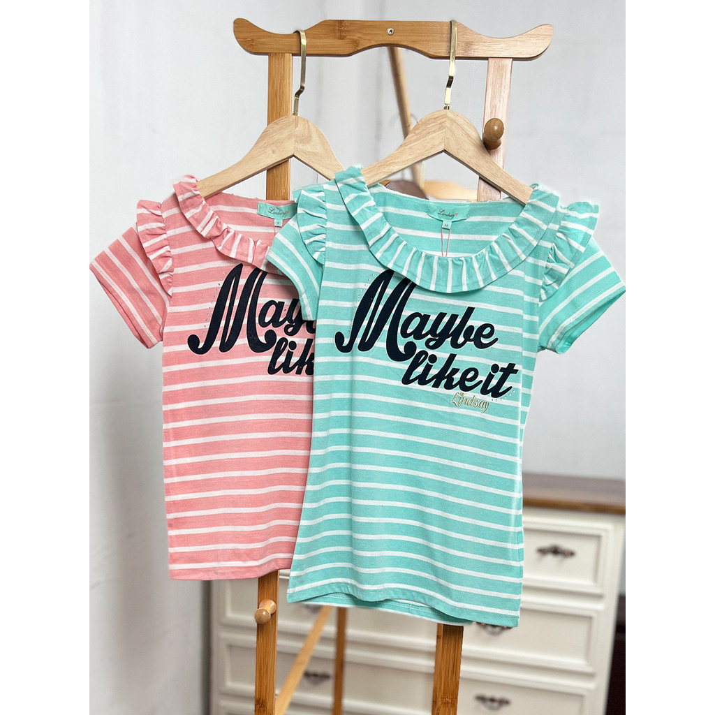 H396-B2 roupas infantis tamanho 140-160 japonês crianças em torno do pescoço de manga curta camiseta meninas listrado me