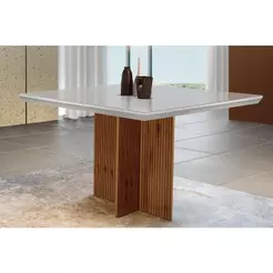 Mesa de Sala Jantar Berlim c/ Tampo 90x90cm Madeirado Vidro Canto Curvo - Imbuia Ripado 3D/Off White - Rufato