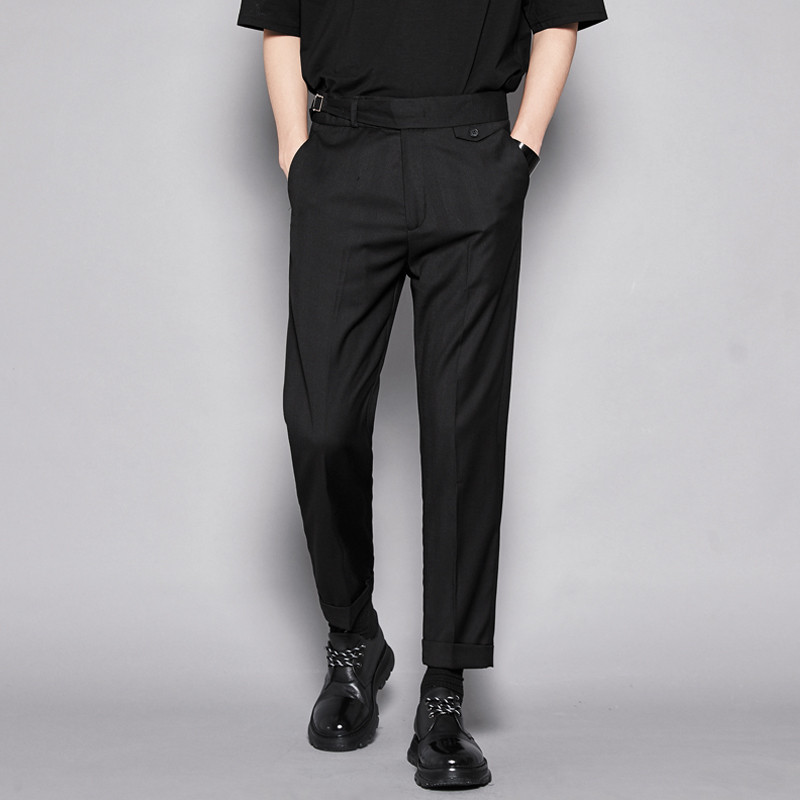 Calças pretas de damasco na moda masculina moda Slim-fit calças magras All-match calças na altura do tornozelo masculino