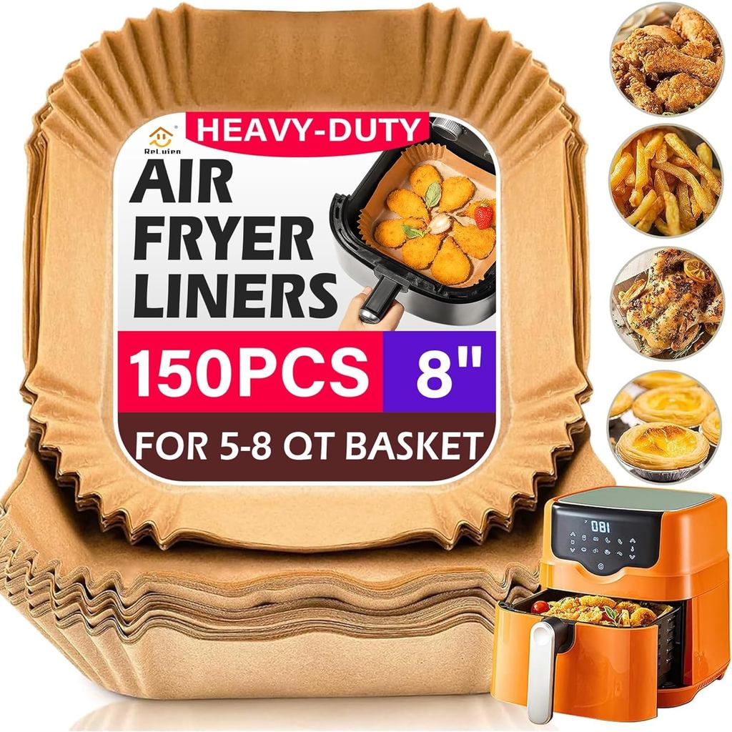 Forros Descartáveis para Air Fryer, 150 Peças, Forro de Papel Pergaminho Quadrado de 8" para Air Fryer, Assados, Cozimen