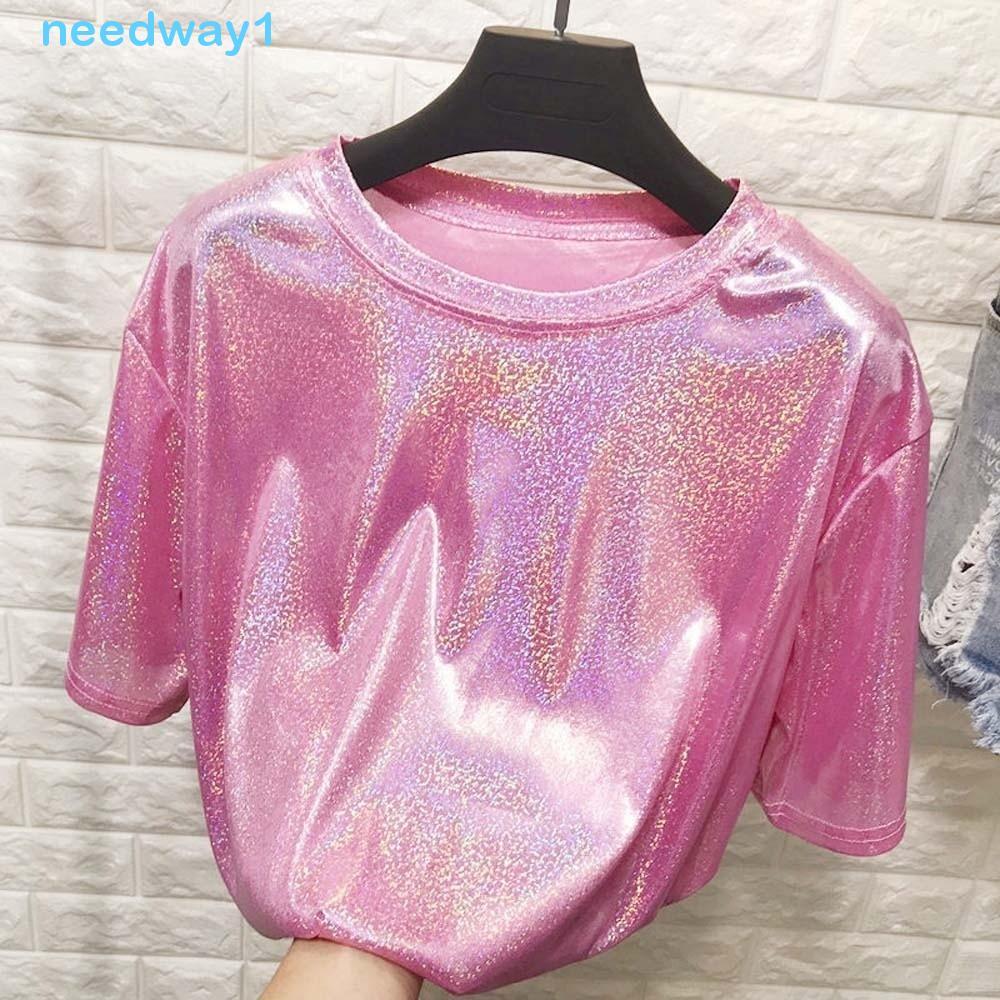 NEEDWAY Camiseta Feminina Solta Brilhante , Top De Seda Roxo Vintage Fashion , Lantejoulas Estéticas Harajuku Manga Curt