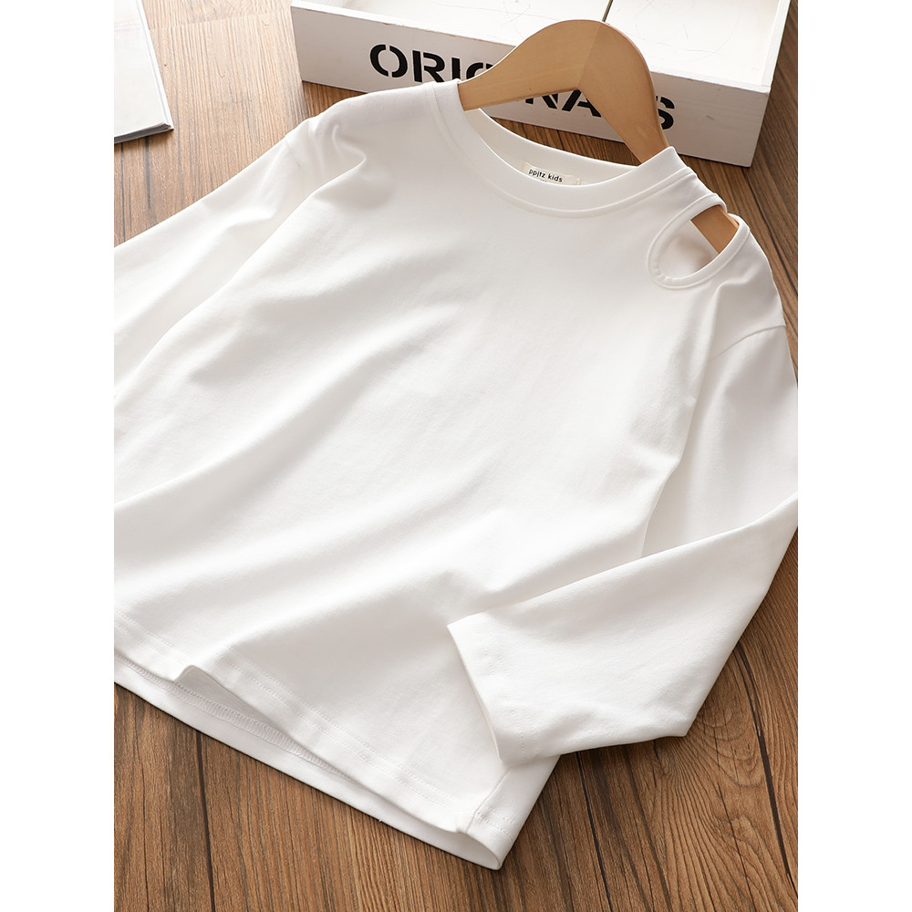 Meninas branco de manga comprida camiseta 2026 primavera novo estilo crianças estilo ocidental oco cor sólida algodão ca