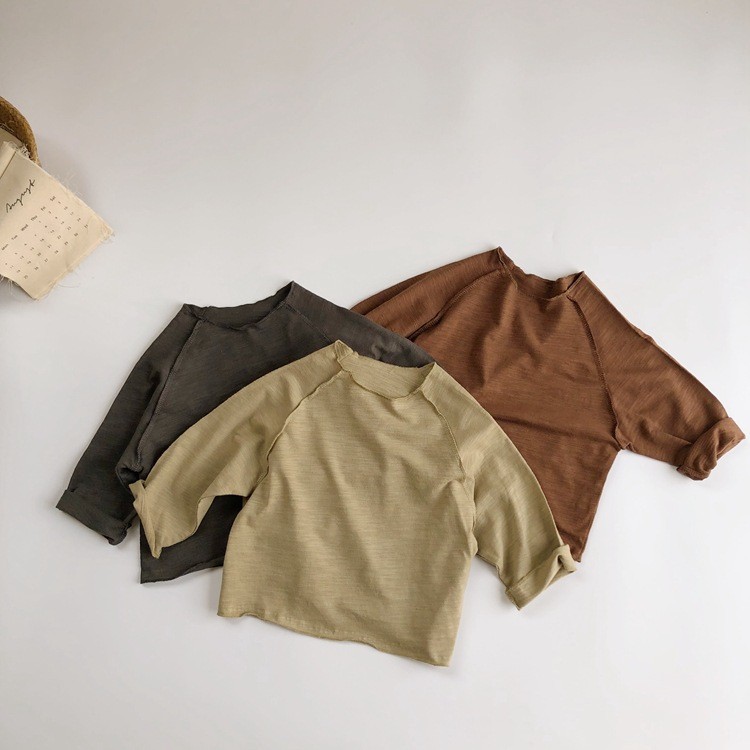Algodão puro versão coreana camiseta crianças Slub algodão meninas fungo borda meninos solto de manga comprida bebê cor 