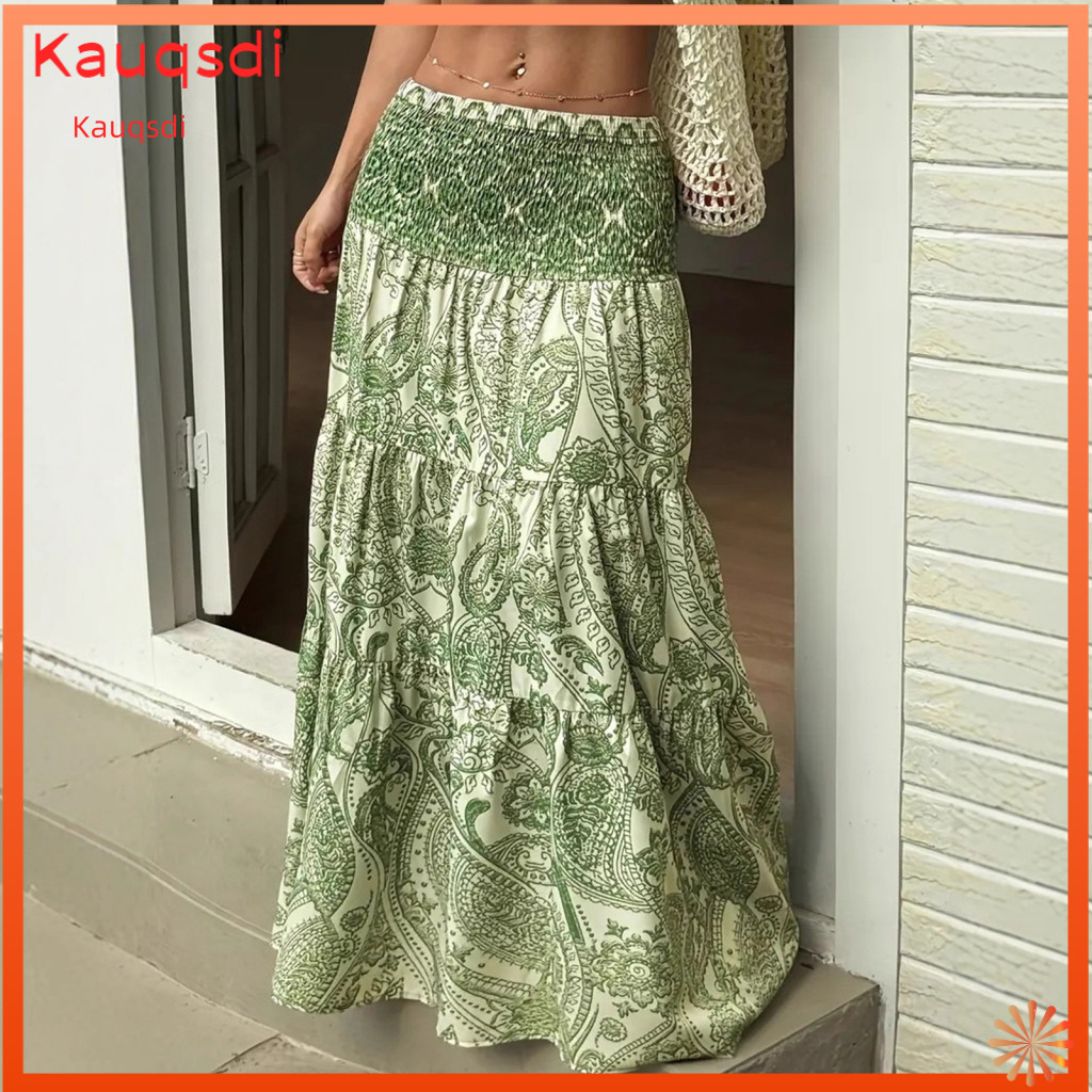 Women Maxi Skirt Flowing A-line Women’s Pleated High Waist Long with Ruffle Splicing Printed Vacation for Wear – Lig