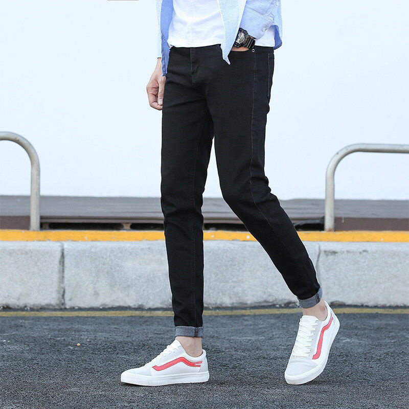 Calça Masculina Tamanho Pequeno No. 26 27 XS Slim-fit Jeans Preto 155 Curto 160 Versão Pequena Calça All-match até o tor