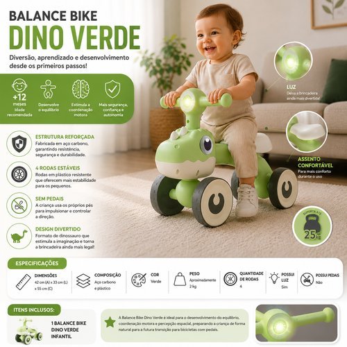 Balance Bike Infantil 4 Rodas Luz Led Verde Bicicleta Equilibrio Educativa Divertida