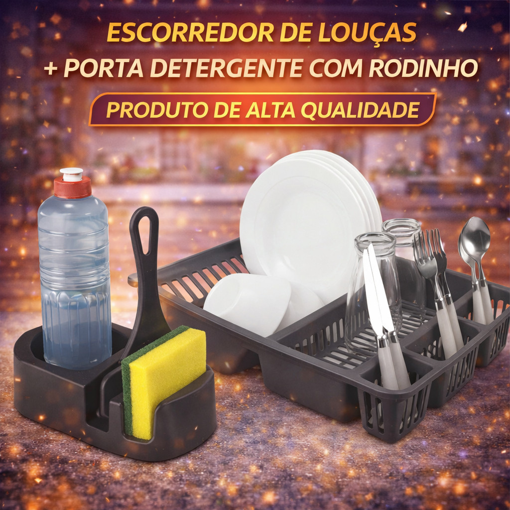 Kit Pia Porta Detergente + Escorredor de Louças + Rodo Plástico Resistente Organizador Cozinha