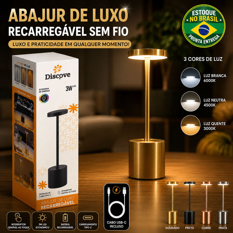 Luminária De Mesa LED Abajur Sem Fio Recarregável Touch 3 Cores Para Quarto Cabeceira Escrivaninha Estudo Leitura Luxo