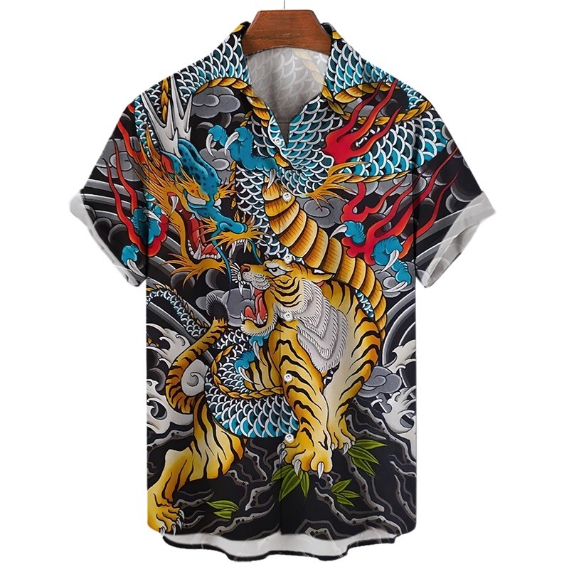 Camisa masculina estampada dragão tigre 3D, camisa havaiana de manga curta, camisa Casual com botão Aloha, camisa nova, 